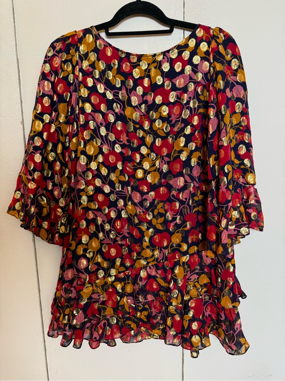 SALONI Floral Metallic Dot Tunic in Navy with Red & Gold